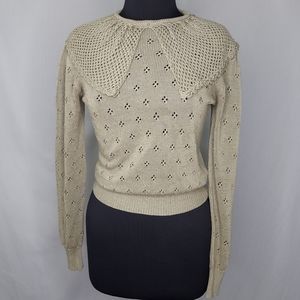 Ardee Vtg Sweater Peter Pan Shawl Collar Round Neck Decorative Knit Beige Tan